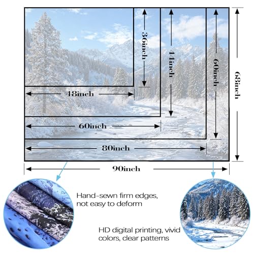 Winter Forest Snow Mountain Tapestry Snowy Pine Tree Woodland Tapestry for Bedroom Aesthetic White Clouds Flowing River Landscape Tapestries Wall Hanging for Living Room Dorm Office 60 x 44 Inch