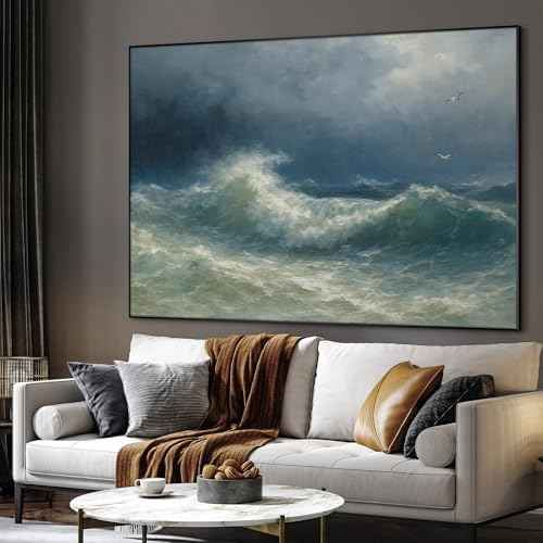 46"x60" Extra Large Framed Wall Art Dramatic Ocean Waves with Stormy Sky and Seagulls for Home Living Room Bedroom Decor