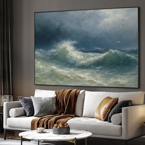 60"x72" Extra Large Framed Wall Art Dramatic Ocean Waves with Stormy Sky and Seagulls for Home Living Room Bedroom Decor