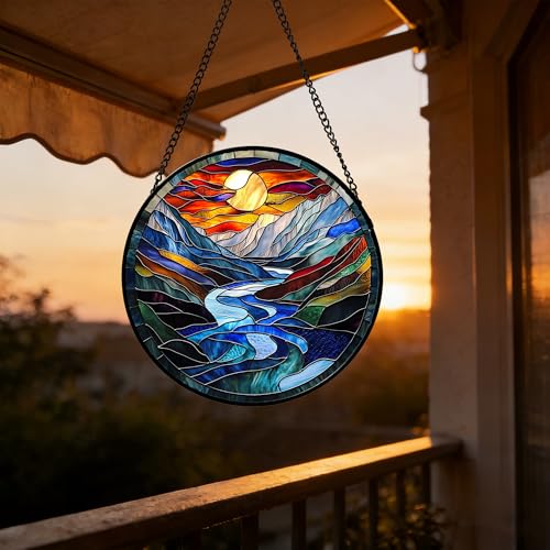 Stained Glass Window Hanging River Scenery Suncatcher Gifts for Women 9.8"