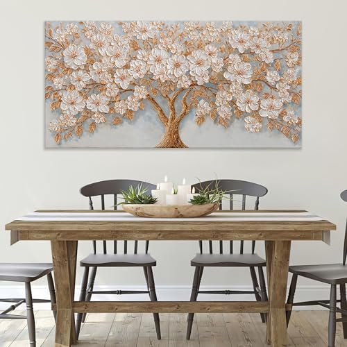 Oversized Canvas Wall Art Decor Gold Tree of Life Canvas Art Wall Decor For Living Room Modern Botanical Decor Nature White Floral Tree Wall Art Artwork For Bedroom Home Office Wall Decor 29×58 Inch