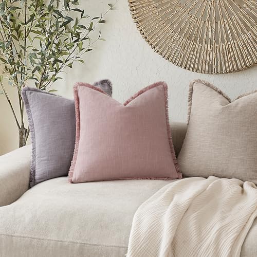 Boho Linen Fringe Lumbar Throw Pillow Covers 12×20 Rose Pink (2 Count)