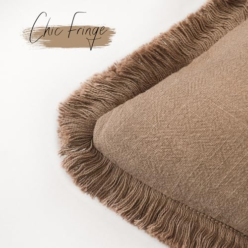 Decorative Linen Fringe Throw Pillow Covers 24×24 Khaki Brown (2 Count)