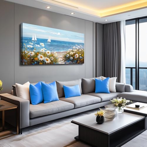 Wall Art For Dining Room Kitchen Blue Ocean Landscape Painting Art Pictures Living Room Decor Vintage Landscape Canvas Print Suitable For Bedroom Office Farmhouse Wall Decoration 24x48 In