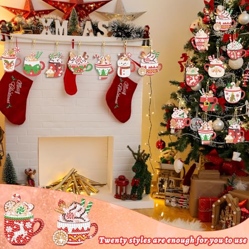 20 Pcs Christmas Diamond Painting Keychain Kits with Tools Hot Cocoa Themed Art Key Chain Craft Kits Merry Christmas Cute Hanging Handmade 5D Art and Craft Supplies Accessories (20 Count)