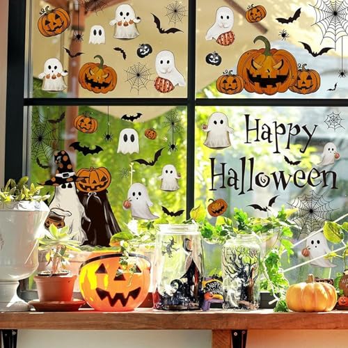 Halloween Ghost Window Clings for Glass 6 Sheets Cute Window Decals Spooky Window Stickers Pumpkin Spider Windows Cling for Halloween Fall Party Home School Office Glass Supplies Decorations (6 Count)