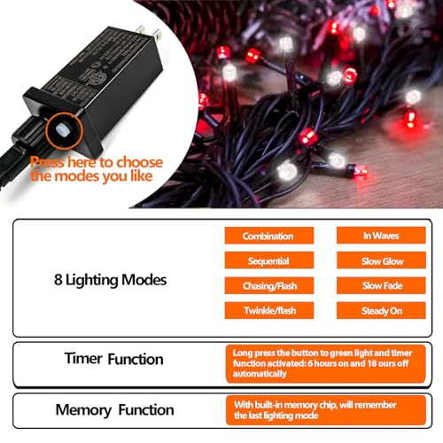 75.8FT 200 LED Extendable Red White Christmas String Lights Indoor Outdoor