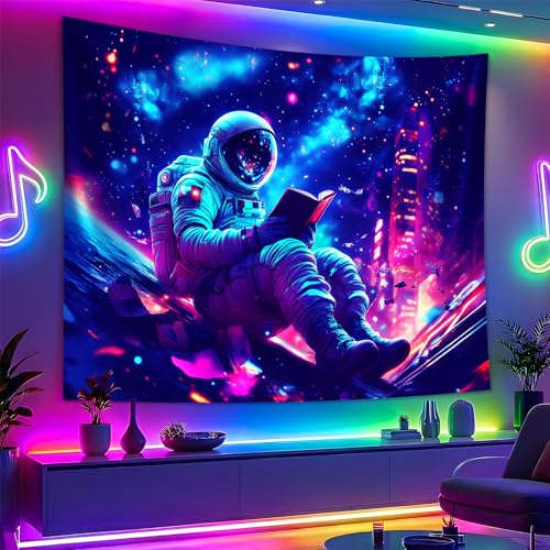 Blacklight Space Astronaut Tapestry UV Reactive Galaxy Planet Glow in Dark Tapestries Black Light Poster Neon Wall Hanging Art for bedroom Living Room