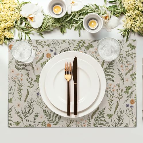 Sage Green Wild Flower Spring Summer Placemats Set of 4 Seasonal Wildflower Plants Herbs Linen Table Mats 12x18 Inch Vintage Floral Place Mats for Farmhouse Kitchen Dining Decoration (4 Count)