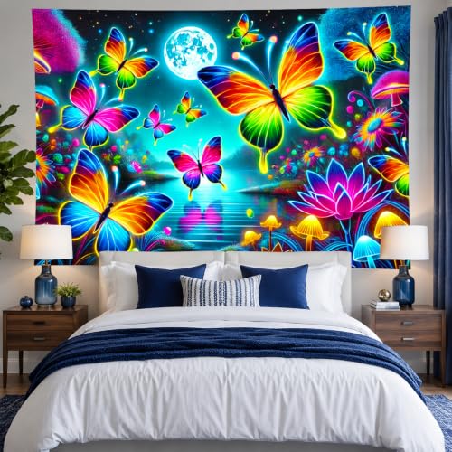 Blacklight Tapestry Butterfly Floral UV Backdrop 78 x 59 Inch