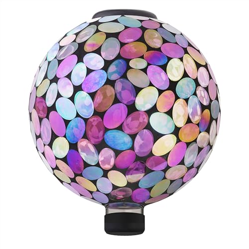 Outdoor Solar Powered Pink Glass Mosaic Gazing Globe with LED Lights and Metal Stand
