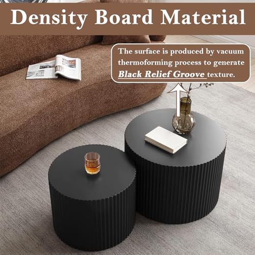 Black Round Fluted Nesting Coffee Table Set of 2