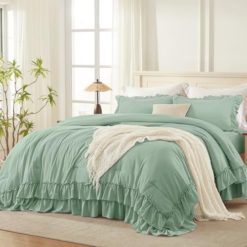 Sage Ruffle Full Size Comforter Set