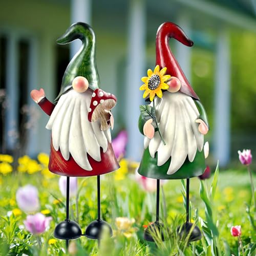 Metal Gnome Yard Art Outdoor Gnomes Garden Statue 18 Inch Gnome Figurine Decorative Stakes for Holiday Christmas Lawn Patio Yard Garden Decor (2 Count)