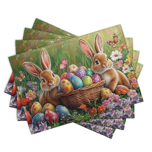 Easter Bunny Placemats Set of 4 Easter Colorful Eggs Floral Linen Fabric Table Mats Spring Farmhouse Seasonal Table Place Mats for Outdoor Indoor Home Party 12x18 Inch (4 Count)