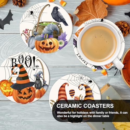 6Pcs Halloween Coasters Watercolor Ceramic Coasters Pumpkin Gnome Pattern Drink Coaster Cup Mat for Table Room Decor Party Supplies (6 Count)