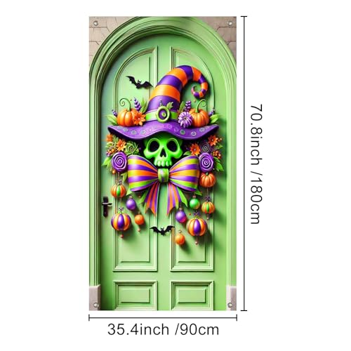 Halloween Door Cover Skull Witch Bow 35x71 Inch Polyester