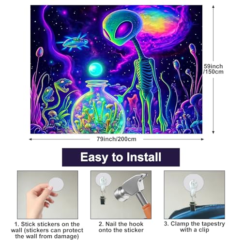 Blacklight Tapestry Alien UFO Wall Hanging 78 x 59 Inch