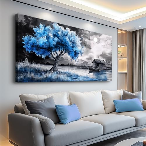 Large Wall Art For Living Room Wall Decor For Bedroom Black White Scenery And Blue Trees Wall Painting Modern Home Decoration Room Office Restaurant Canvas Art Prints Home Decor 20x40 In