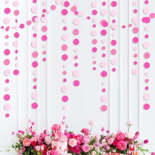 Hot Pink Party Decorations Circle Dots Garland Rose Pink White Hanging Paper Polka Dots Streamer for Birthday Bachelorette Engagement Wedding Bridal Shower Anniversary Party Supplies