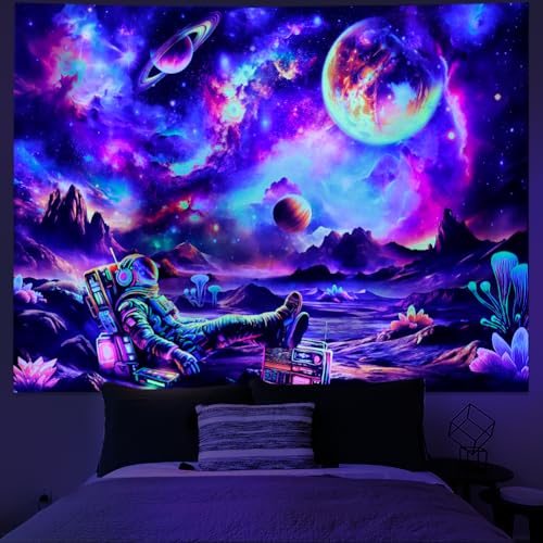 Blacklight Astronaut Tapestry UV Reactive Galaxy Space Tapestry Glow in The Dark Trippy Universe Planet Tapestries Neon Starry Sky Wall Hanging Decor for Home