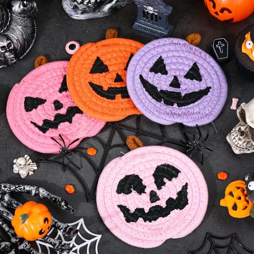 Halloween Pumpkin Cotton Coasters Colored Pumpkin Face Handmade Braided Drink Coasters Pink Purple Orange Absorbent Cup Mats for Trick or Treat Party Home Table Decor (4 Count)