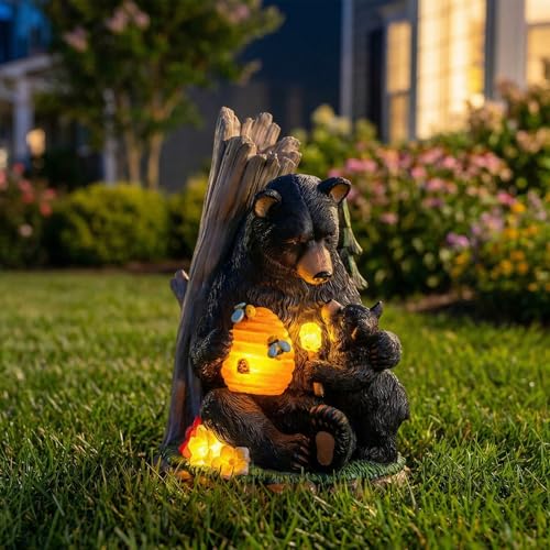 Solar Bear Garden Statue with Glowing Beehive & Cub