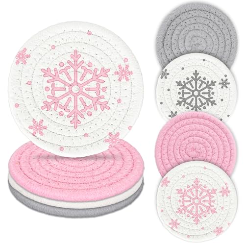 Winter Snowflake Coasters Handmade Braided Cotton Drink Coasters Pink Gray Christmas Snowflake Absorbent Cup Mats for Drinks Coffee Xmas Holiday Party Home Office Desk Table Decor (4 Count)