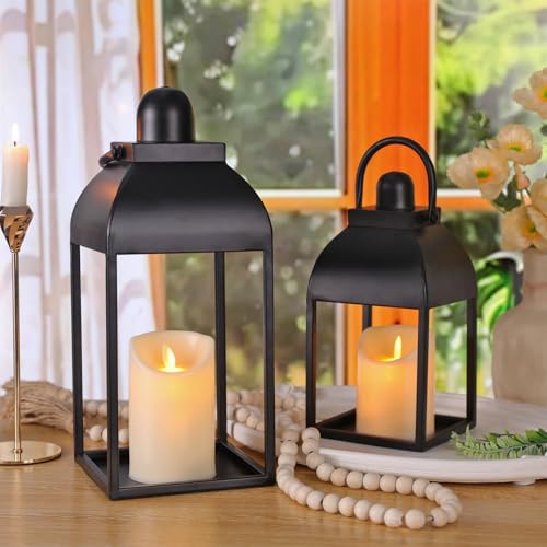Lanterns Decorative Indoor 15" 11" Set of 2 Black Metal Lantern with Candle (2 Count)