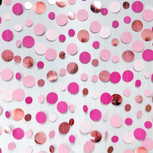 Hot Pink Rose Gold Party Decorations Circle Dots Garland Hanging Polka Dot Streamer for Girls Birthday Bachelorette Wedding Bridal Shower Anniversary Hen Party Supplies