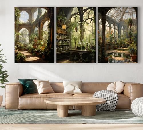 3pcs Framed William Morris Green Plants Canvas Wall Art Medieval Castle Posters Prints Gothictalian Landscape Painting Pictures Paintings Wall Decor for Living Room Bathroom Bedroom Decoration (3 Count)