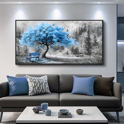 Black Framed Canvas Wall Art For Living Room Large Wall Decor For Office Bedroom Decorations Blue Tree Landscape Pictures Black And White Paintings Artwork Aesthetic Home Decor 30x60 In
