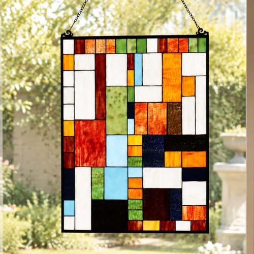 Geometric Color Block Tiffany Style Stained Glass Window Panel with Hanging Chain