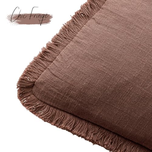 Boho Linen Fringe Lumbar Throw Pillow Covers 12×24 Rust Red (2 Count)