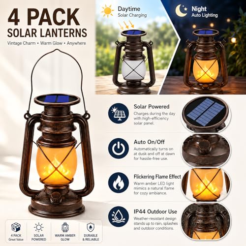 Solar Lanterns Outdoor Waterproof 4 Pack LED Flickering Light (4 Count)