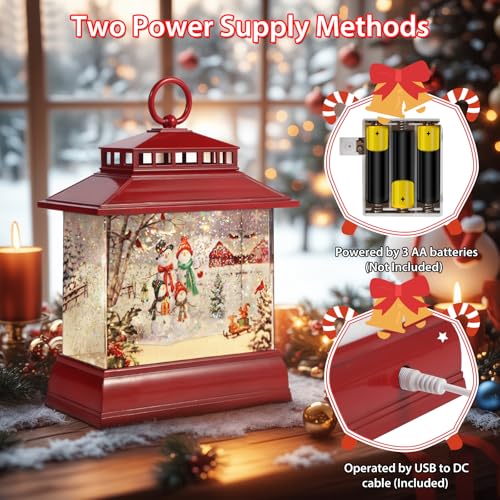Christmas Snow Globe Lantern Water Glittering Lantern with 8 Songs & 6H Timer Romote Control Christmas Snow Globes USB & Battery Operated for Christmas Festival Decorations Gifts