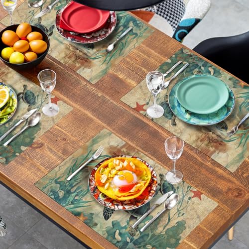 Sea Turtle Placemats Set of 4 Summer Beach Seasonal Linen Table Mats 12x18 Inch Vintage Ocean Animal Heat Resistant Washable Non (4 Count)