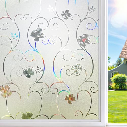 Window Privacy Film 3D Flower Pattern Stained Glass Window Film Frosted Rainbow Window Film Decorative Decals Removable Static Clings Vinyl Anti UV Window Cling for Home 23.6 x 118 inches
