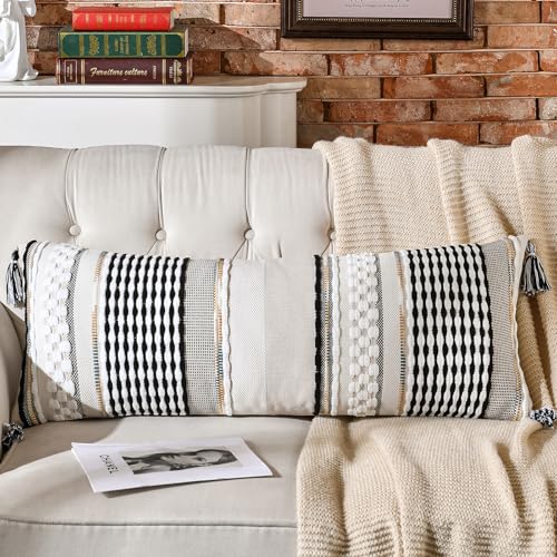 Chenille Striped Textured Boho Throw Pillow Covers Aesthetic with Tassels Woven Decorative Pillow Case for Couch Bed Sofa Bedroom Modern Funky 14 x 36