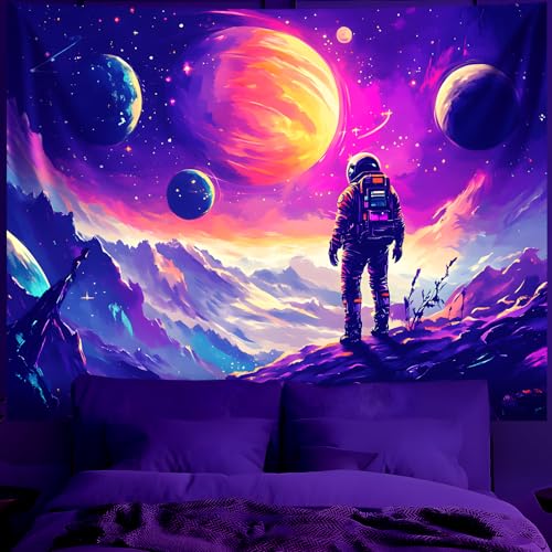 Blacklight Space Astronaut Tapestry UV Reactive Galaxy Planet Glow in Dark Tapestries Black Light Poster Neon Wall Hanging Art for bedroom Living Room