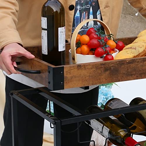 Bar Cart Serving Wine 3 Tier Home Rolling Rack with Wheels Mobile Kitchen Industrial Vintage Style Wood Metal Serving Trolley Serving Cart