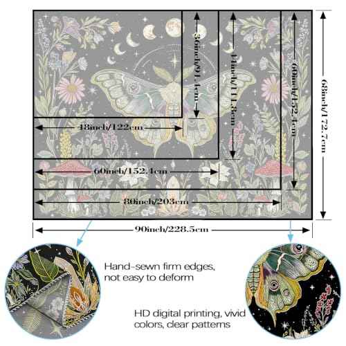 Boho Vintage Moth Luna Botanical Floral Tapestry 48 x 36 Inch