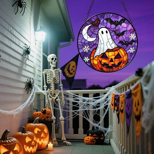 Stained Glass Window Hanging Halloween Horror Pumpkin 7.8"