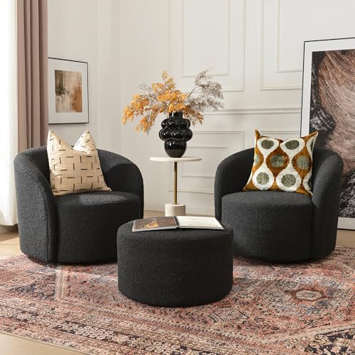 34" Boucle Swivel Barrel Chair with 18" Ottoman Set (2 Count)