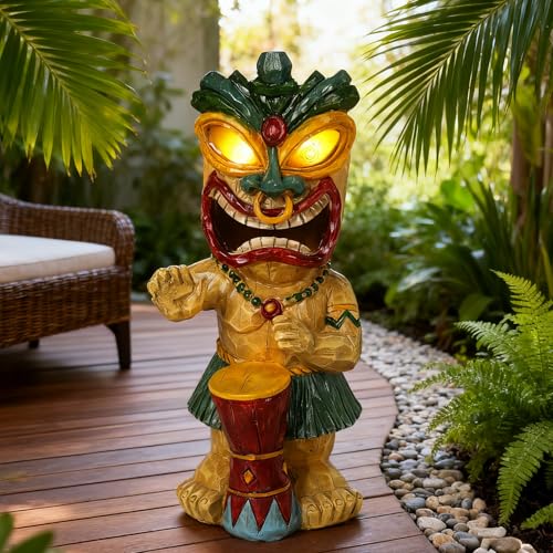 Solar Tiki Garden Statue with LED Eyes Outdoor Polynesian Drummer Hawaiian Party Decor Solar Light Ornament for Patio Porch Lawn or Tiki Lover Best Gifts for Tiki Lovers
