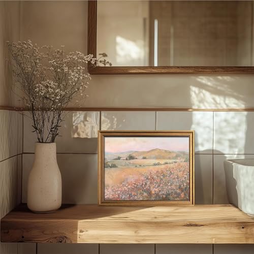 Vintage Wildflower Printing Gold Framed Wall Art Pink Flowers Landscape Canvas Artwork Natural Mounatin Pictures For Living Room Bedroom Apartment Decoration