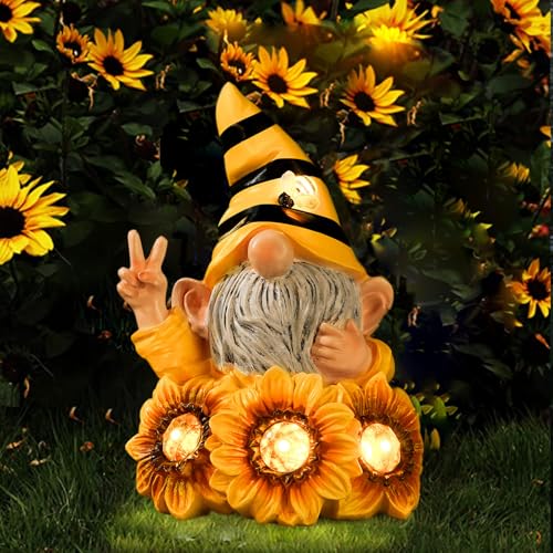 Garden Funny Gnome Statue with Crystal Sunflower Lights