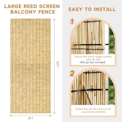Reed Fencing Rolls Natural Bamboo Fence 4 Feet High Privacy Screen Curtains Fence for Balcony Patio Garden Backyard Shades Outdoor 4FT X 16.4FT （Yellow） (65.6 Sq Ft)