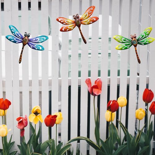Metal Dragonfly Wall Decor Outdoor wall Art Hanging Decorations Living Room Bedroom Fence Dragonfly Garden Decor (3 Count)