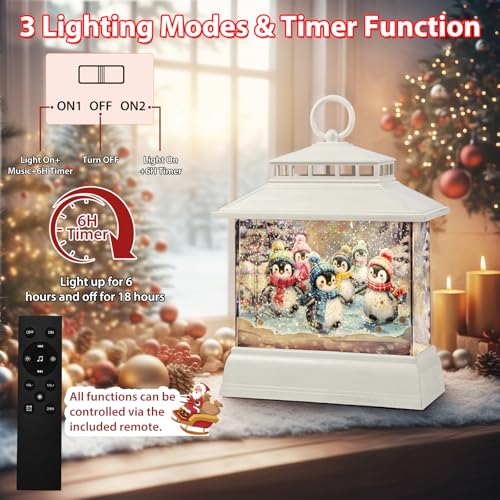 Christmas Snow Globe Lantern Water Glittering Lantern with 8 Songs & 6H Timer Romote Control Christmas Snow Globes USB & Battery Operated for Christmas Festival Decorations Gifts